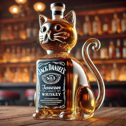 Bouteille de whisky en forme de chat doré, capuchon argenté, étiquette noire