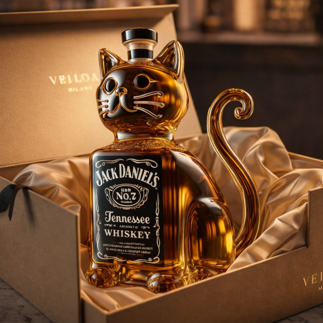 Bouteille de whisky chat doré dans un coffret en carton, étiquette noire Jack Daniel's