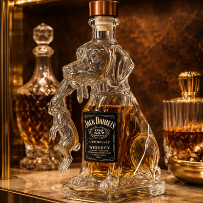 Bouteille whisky en verre transparent, chien sculpté, bouchon cuivre, étiquette Jack Daniel's