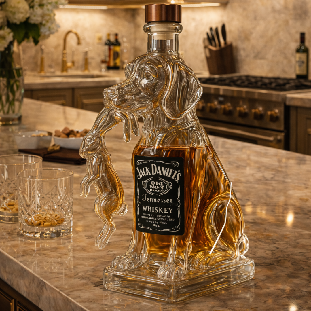 Bouteille de whisky en verre transparent en forme de chien, bouchon cuivre, Jack Daniel's