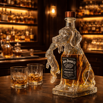 Bouteille de whisky chien en verre transparent avec socle, bouchon cuivre, Jack Daniel's
