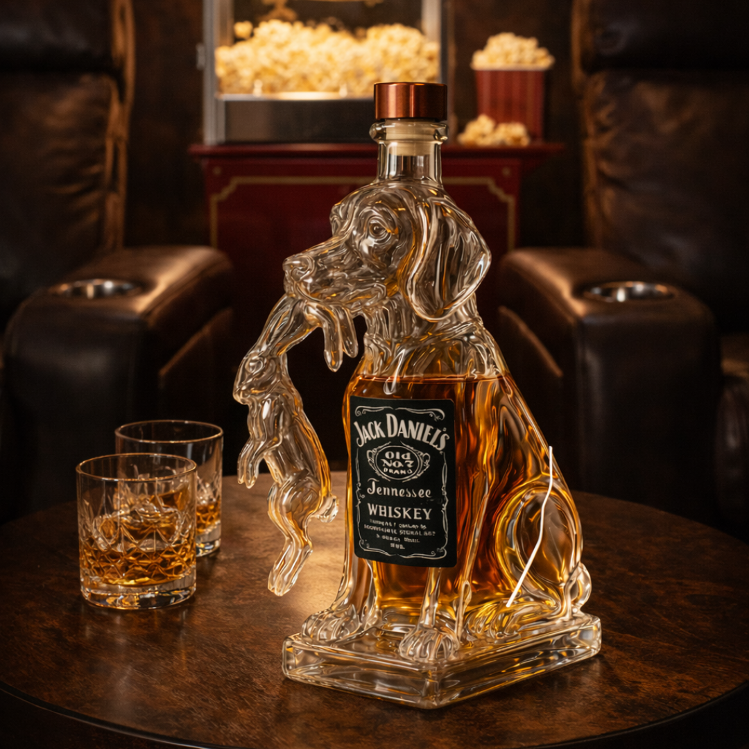 Bouteille de whisky en verre transparent en forme de chien, bouchon cuivre, Jack Daniel's