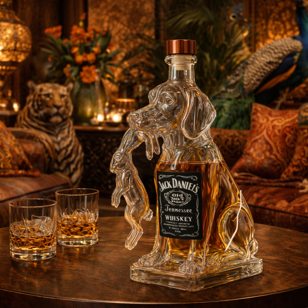 Bouteille whisky chien en verre transparent, bouchon cuivre, étiquette Jack Daniel's