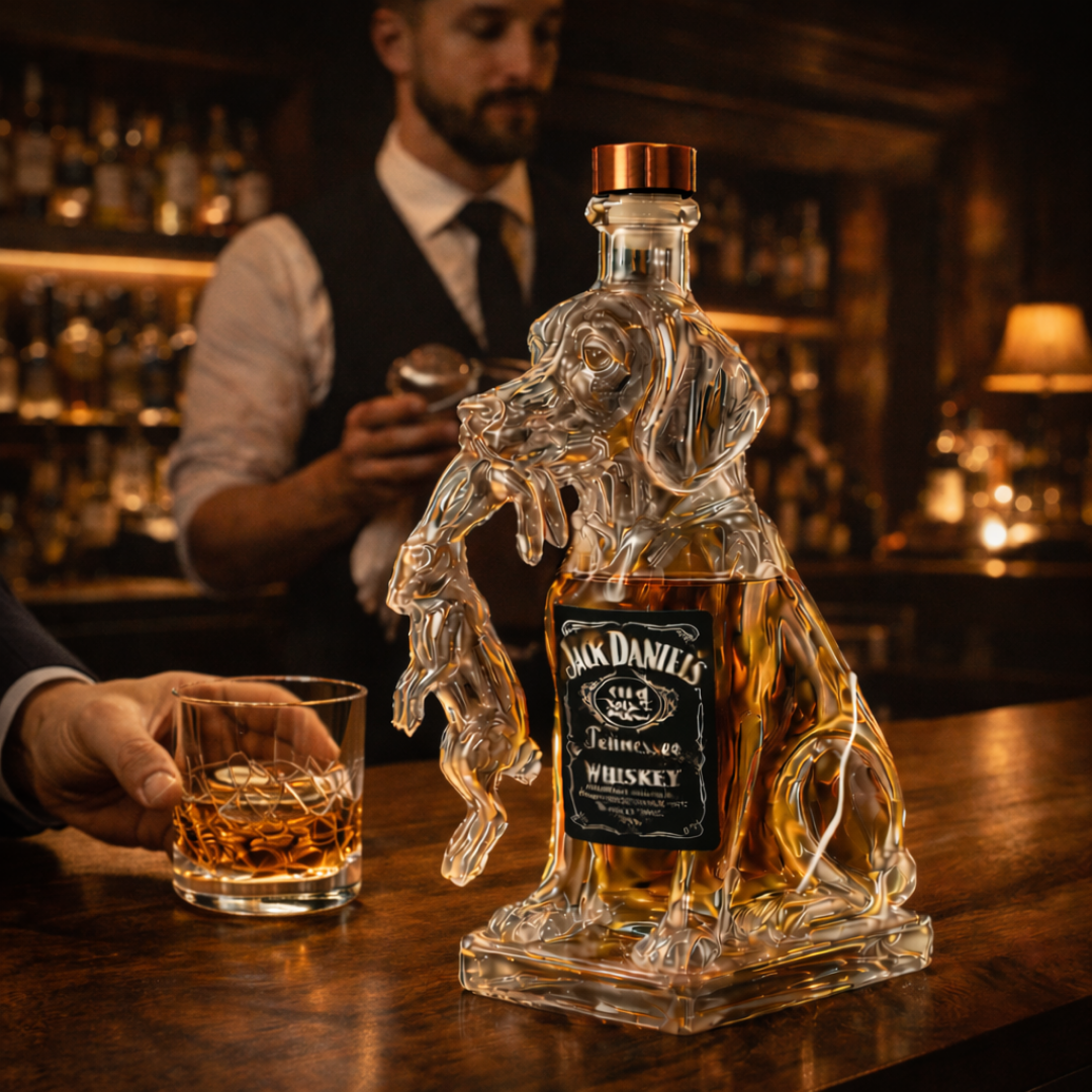 Bouteille de whisky chien en verre transparent, bouchon cuivre, étiquette Jack Daniel's