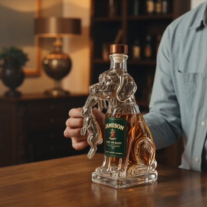 Bouteille whisky chien en verre transparent, étiquette Jameson, bouchon cuivre