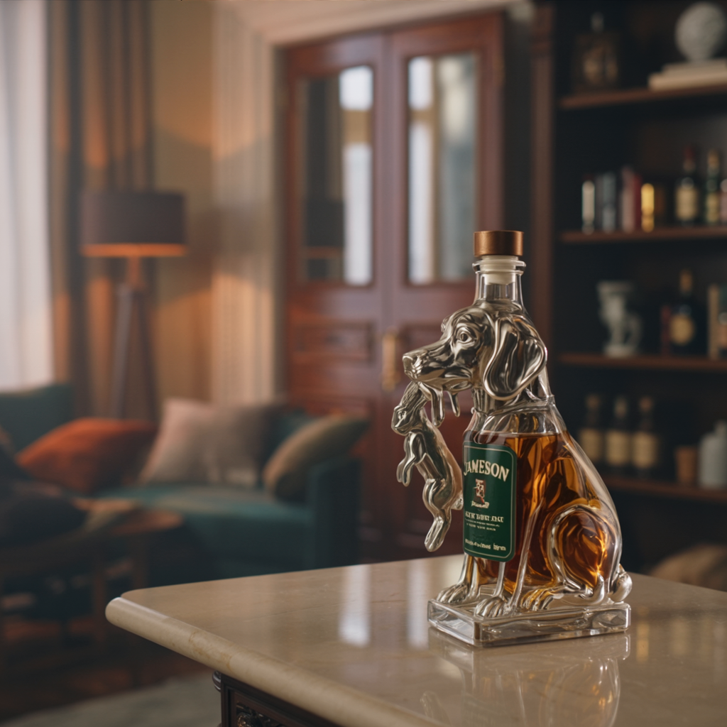 Bouteille de whisky en verre transparent en forme de chien, bouchon cuivre, Jameson
