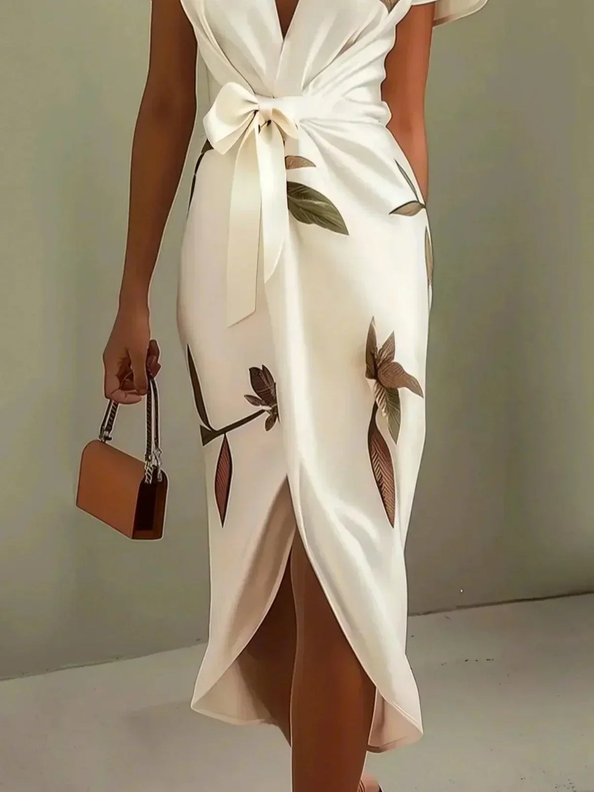 Robe portefeuille blanche manches courtes, décolleté V, nœud ceinture, motif feuilles