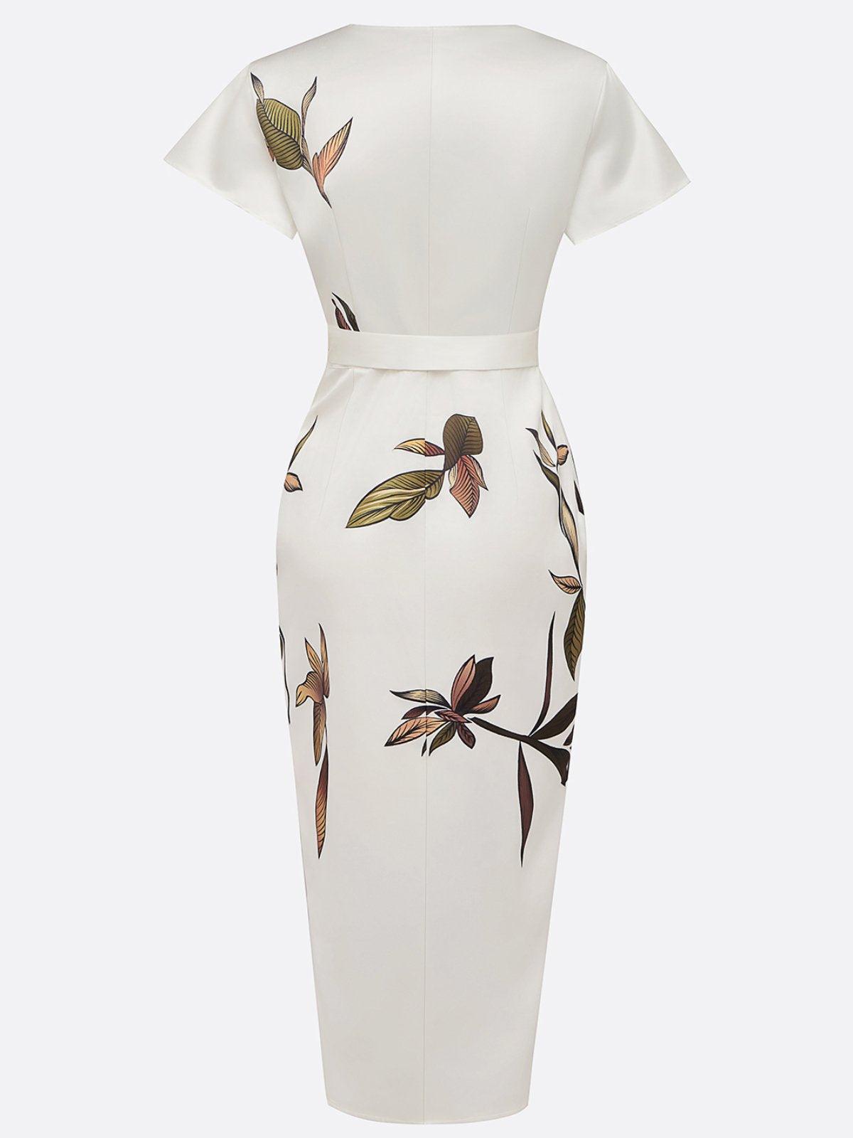 Robe portefeuille blanche à manches courtes, dos dégagé, nœud ceinture, motif feuilles