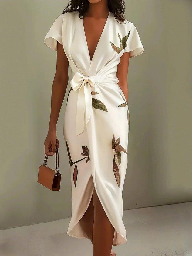 Robe portefeuille blanche manches courtes, décolleté V, nœud à la taille, motif feuilles