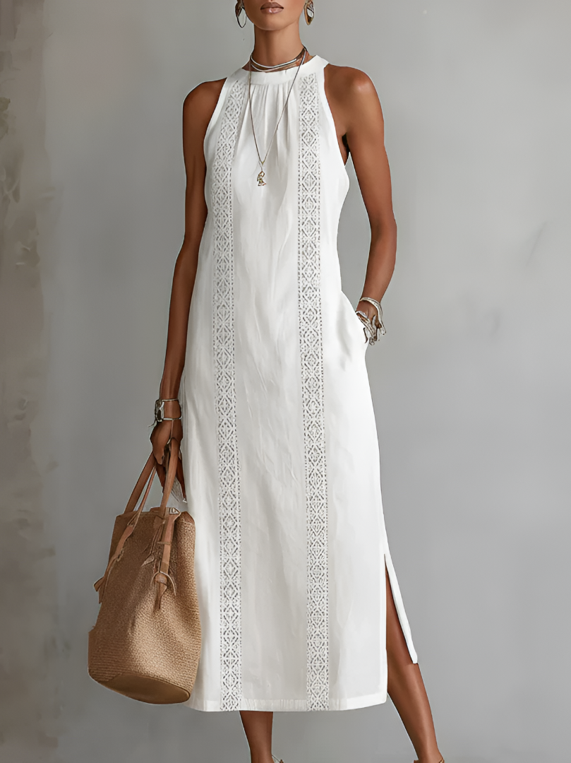 Robe midi en lin blanche, sans manches, col Mao, empiècement ajouré vertical, fente.