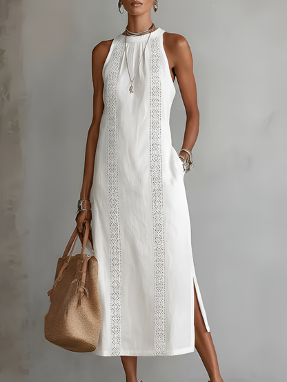 Robe midi en lin blanche, sans manches, col Mao, empiècement ajouré vertical, fente.