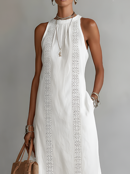 Robe midi en lin blanche, sans manches, col Mao, empiècement ajouré vertical.