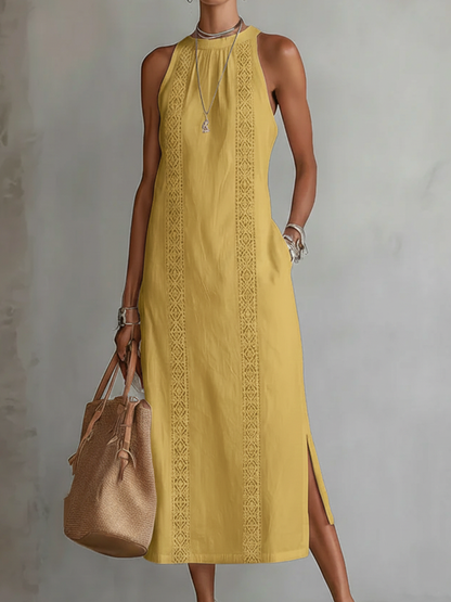 Robe midi en lin jaune, sans manches, col Mao, empiècement ajouré vertical, fente.
