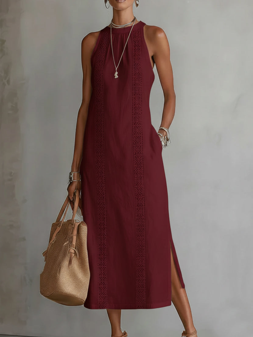 Robe midi en lin bordeaux, sans manches, col Mao, empiècement ajouré vertical.