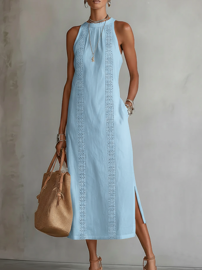 Robe midi en lin bleu clair, sans manches, col Mao, empiècement ajouré vertical, fente.