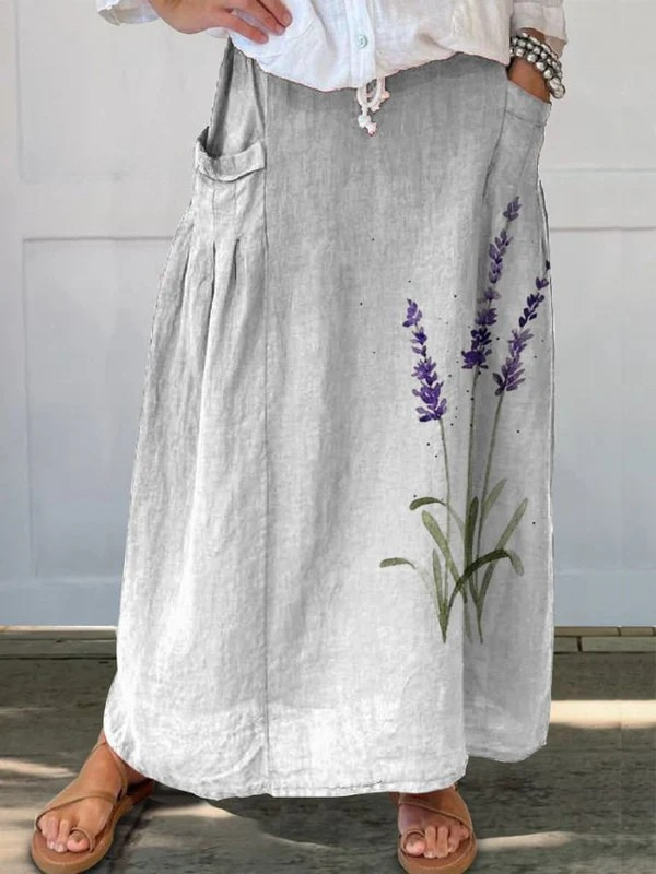 Marian™ | Jupe à poches imprimé floral lavande aquarelle à taille élastiquée