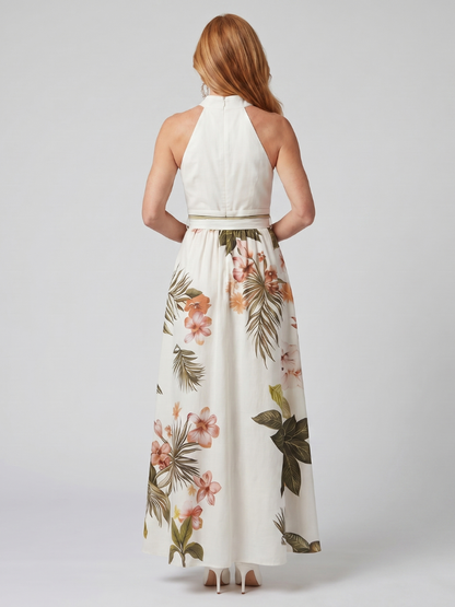 Robe longue blanche drapée, dos nageur, imprimé fleurs et feuilles