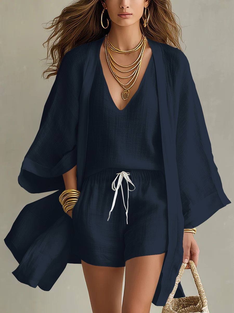Ensemble en lin bleu marine : débardeur col V et short à cordon, kimono fluide