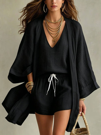 Ensemble tunique col V et short à cordon, noir
