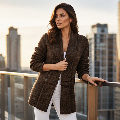 Cardigan croisé marron en maille côtelée, fermeture à boutons, silhouette longue.
