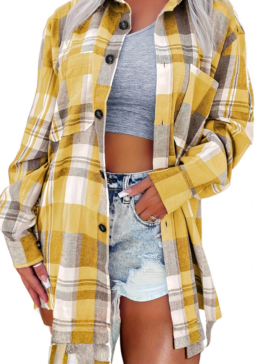 Chemise d’été à carreaux jaune, manches longues, col et boutons sur le devant