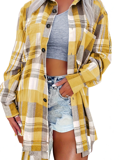 Chemise d’été à carreaux jaune, manches longues, col et boutons sur le devant