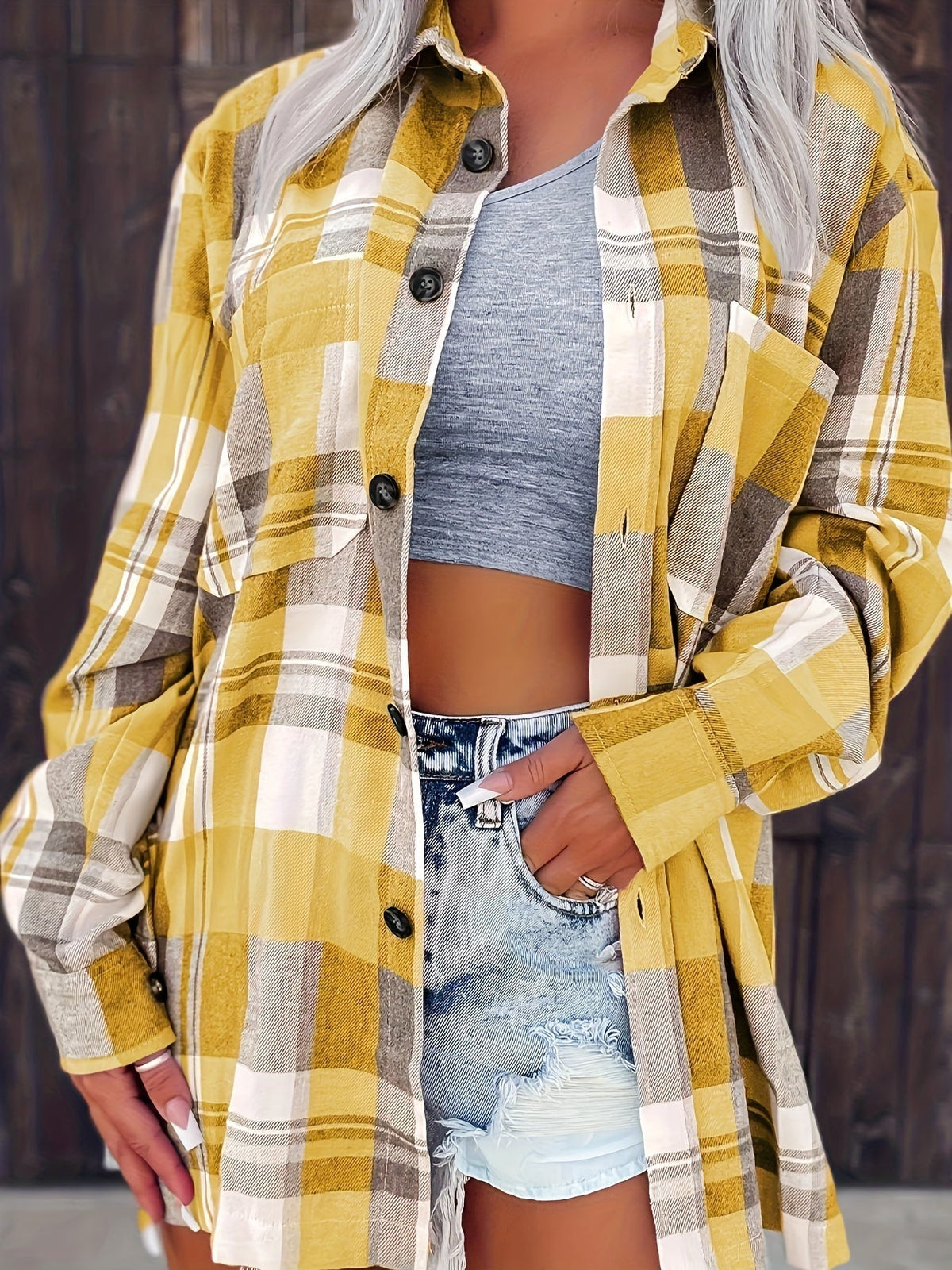 Chemise d’été à carreaux jaune moutarde, manches longues, boutonnage devant