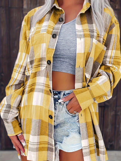 Chemise d’été à carreaux jaune moutarde, manches longues, boutonnage devant