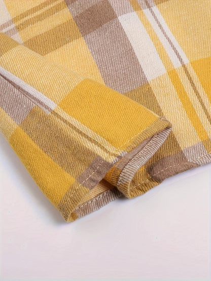 Chemise manches longues pour femme à carreaux jaune, poignets boutonnés visibles