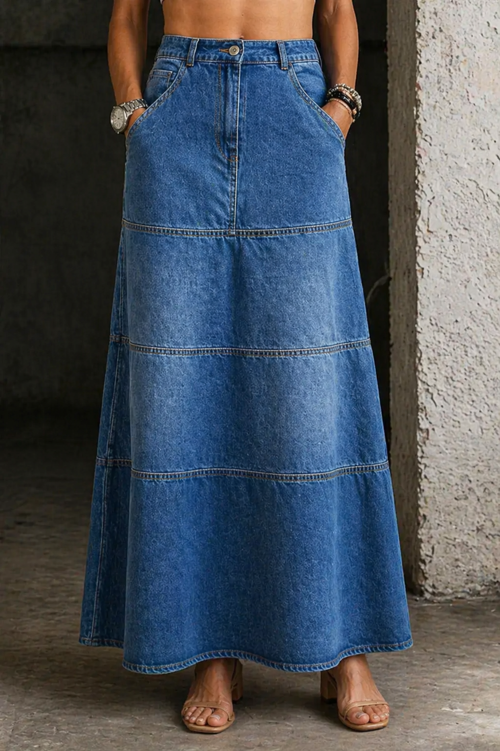 Jupe en jean mi-longue bleue, surpiqûres en bandes, taille boutonnée, style évasé