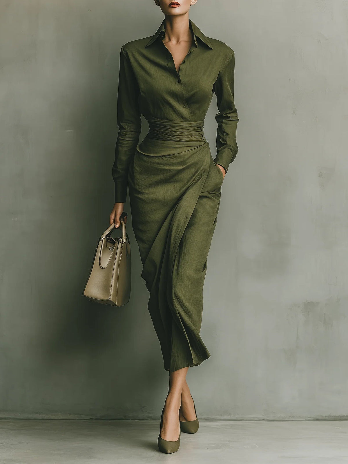 Robe cache-cœur vert olive à col, manches longues, drapé croisé et silhouette midi.