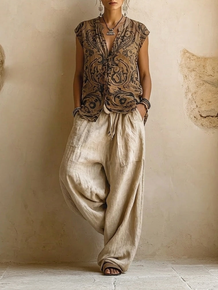 Ensemble 3 pièces Natural™ : gilet sans manches imprimé cachemire et pantalon lin écru