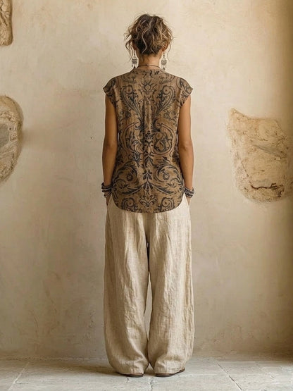 Ensemble 3 pièces Natural™ : dos du haut imprimé et pantalon ample en lin écru