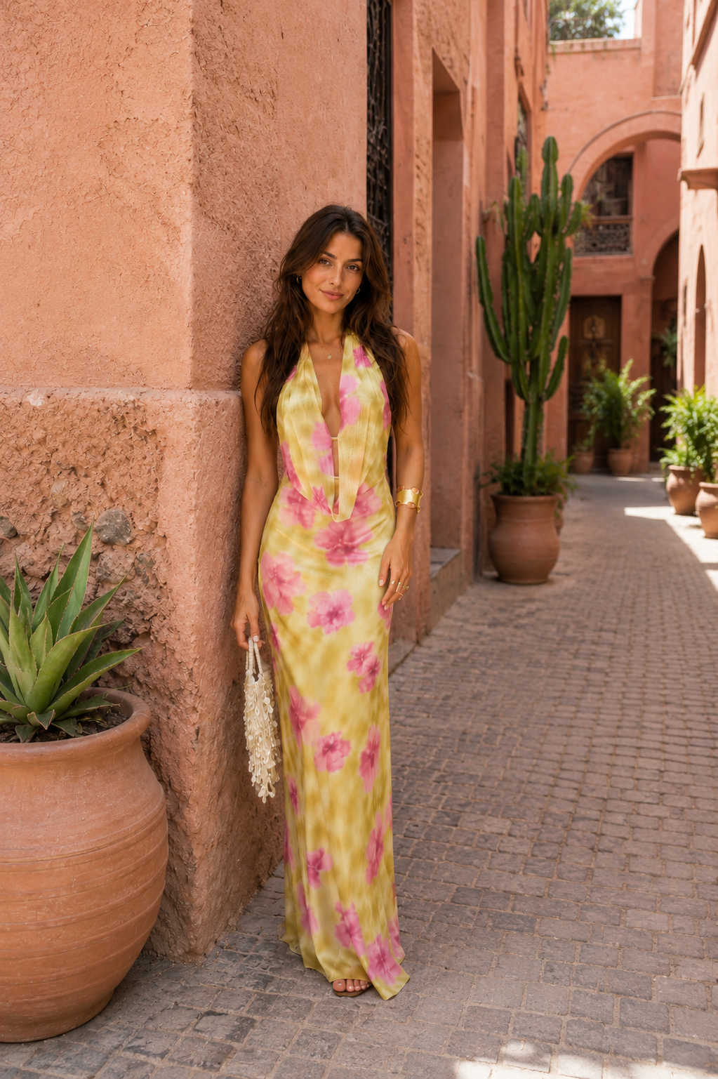 Robe hawaïenne longue sans manches à fleurs roses et jaunes, encolure plongeante.