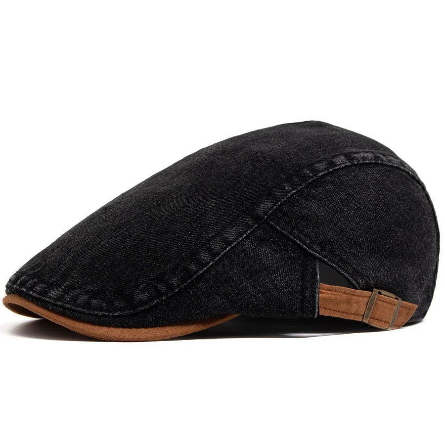 Casquette en jean noire pour homme, visière incurvée et patte de réglage en cuir