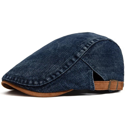 Casquette en jean bleu foncé pour homme, visière incurvée et patte de réglage en cuir
