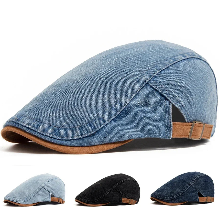 Casquette en jean bleu clair pour homme, visière incurvée et patte de réglage en cuir