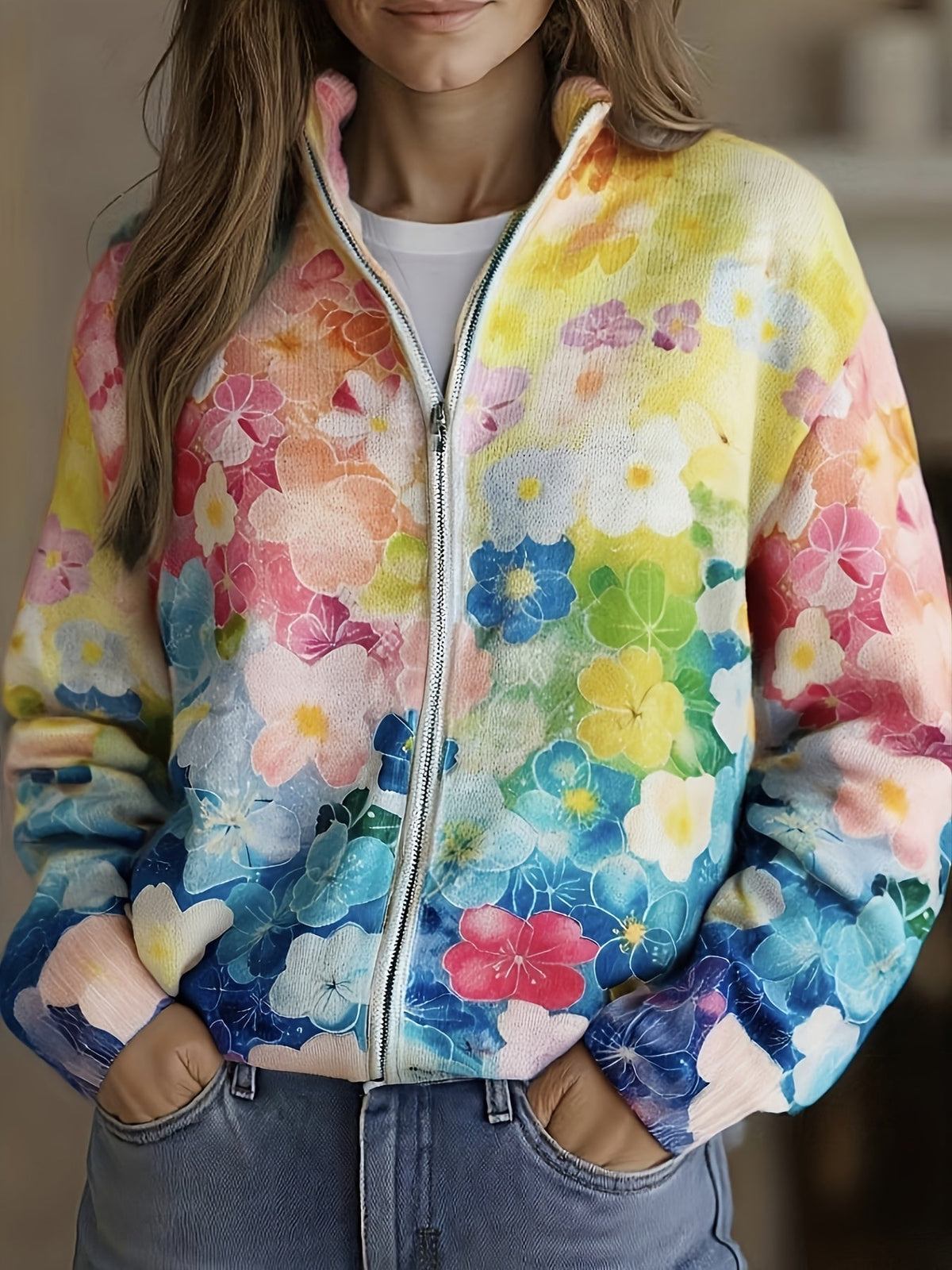 Augusta™ | Cardigan zippé ombre floral aquarelle