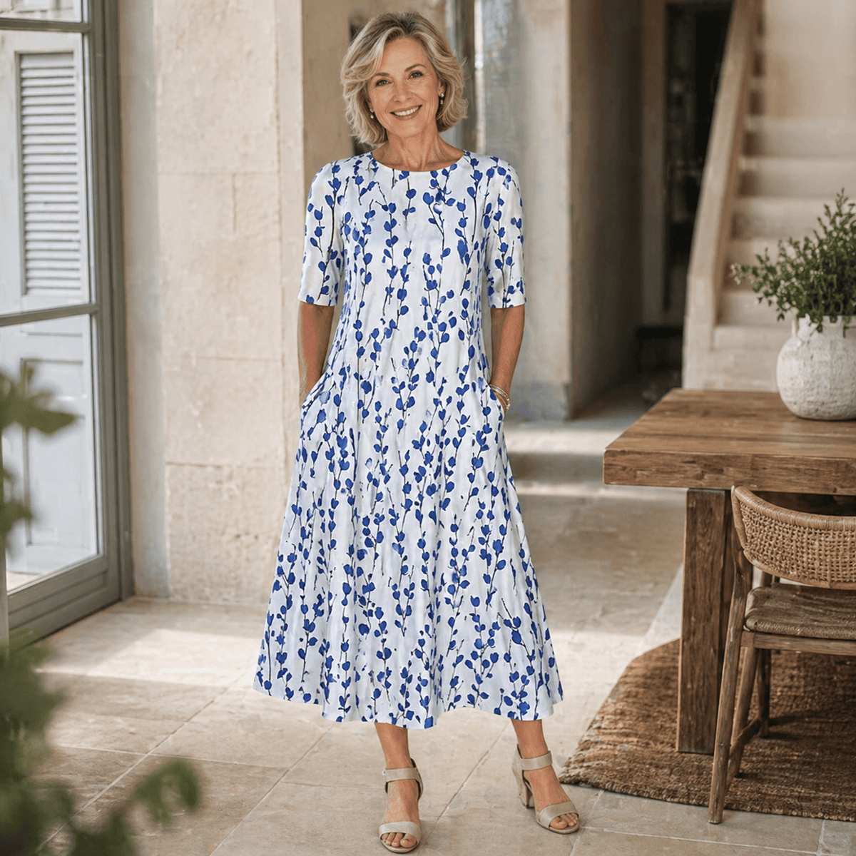 Robe midi blanche à motif fleurs bleues, manches courtes, jupe évasée