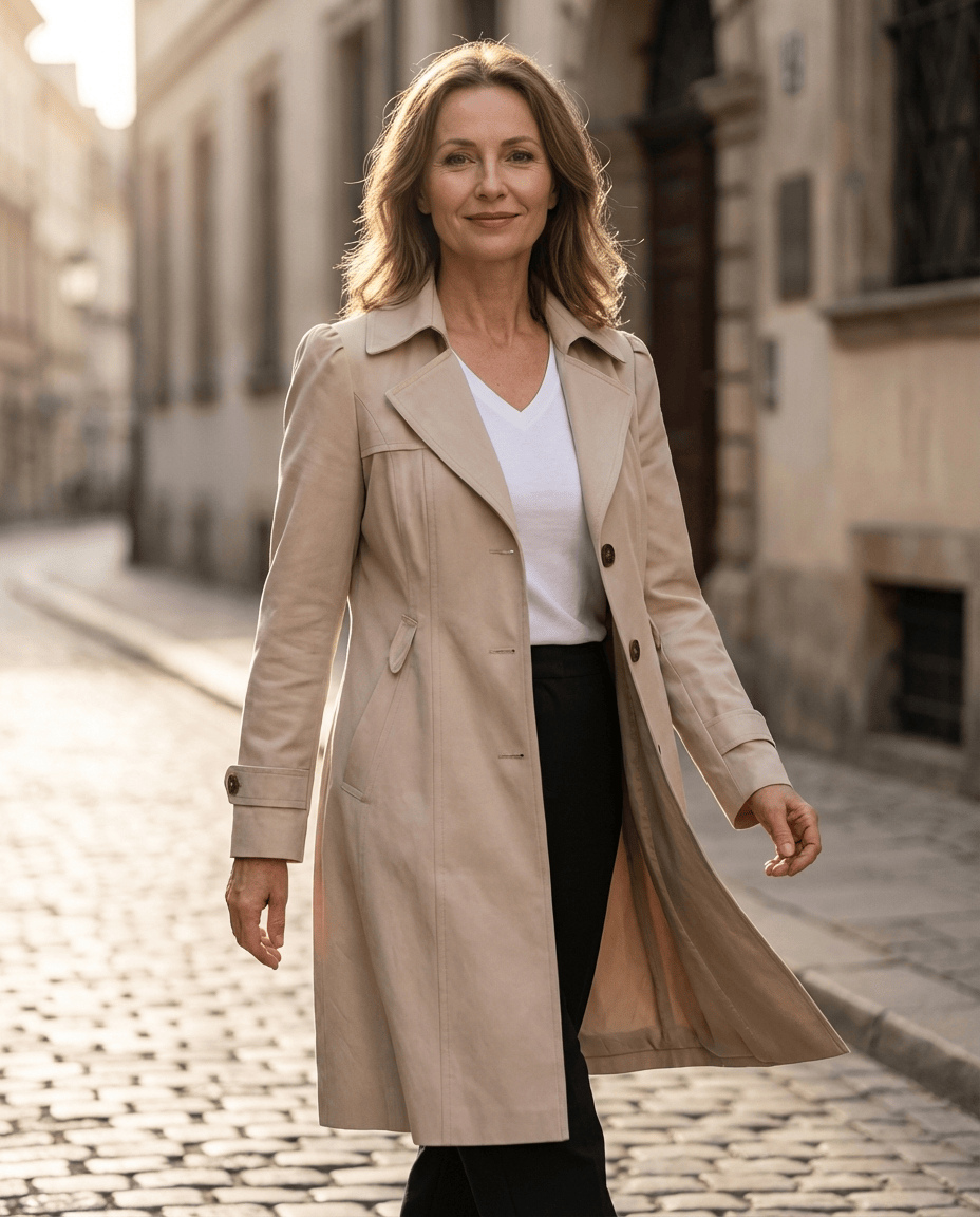 Manteau d’été vintage beige, col à revers, boutons bruns, poches sur la poitrine
