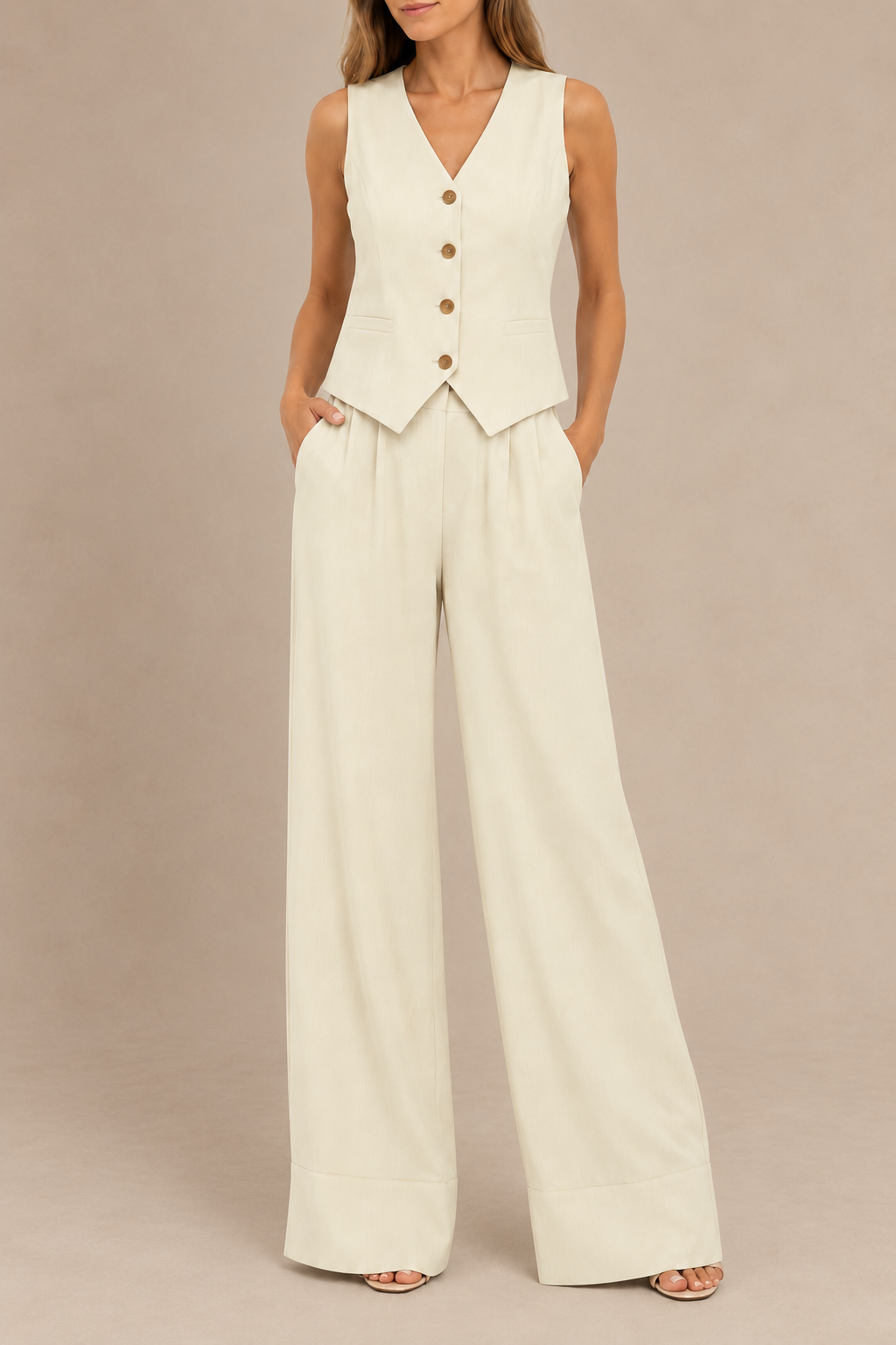 Ensemble élégant ALEKSANDRA écru : gilet sans manches boutonné et pantalon palazzo.