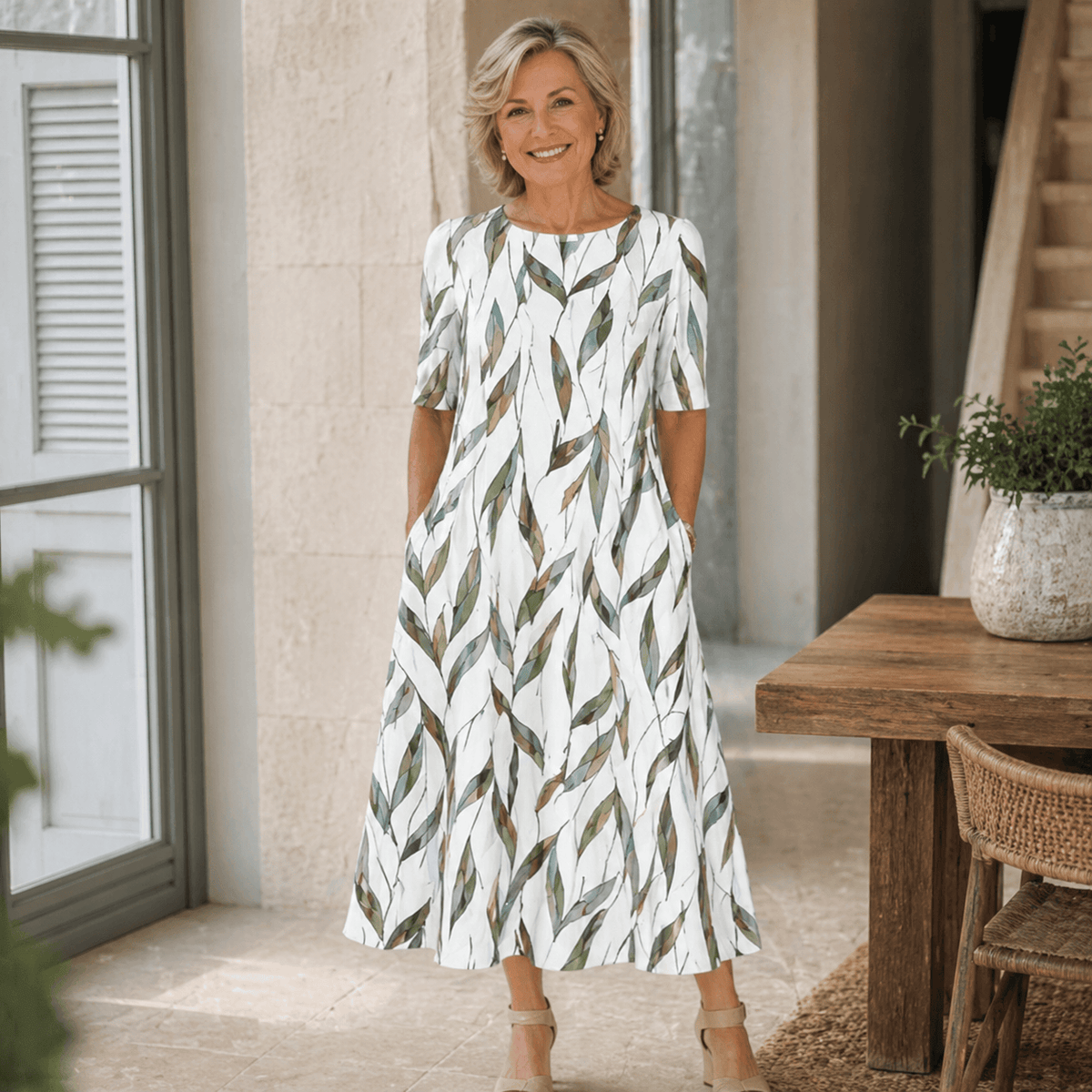 Robe midi blanche à motif feuilles vertes, manches courtes, coupe ample