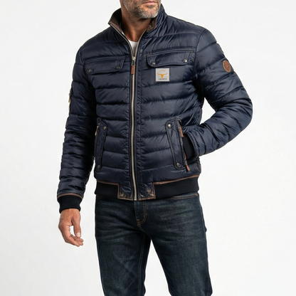 Veste vintage matelassée bleu marine avec badges sur la poitrine et poignets côtelés