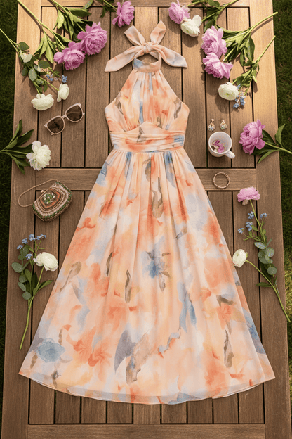 Robe mi-longue sans manches, imprimé aquarelle multicolore, col américain