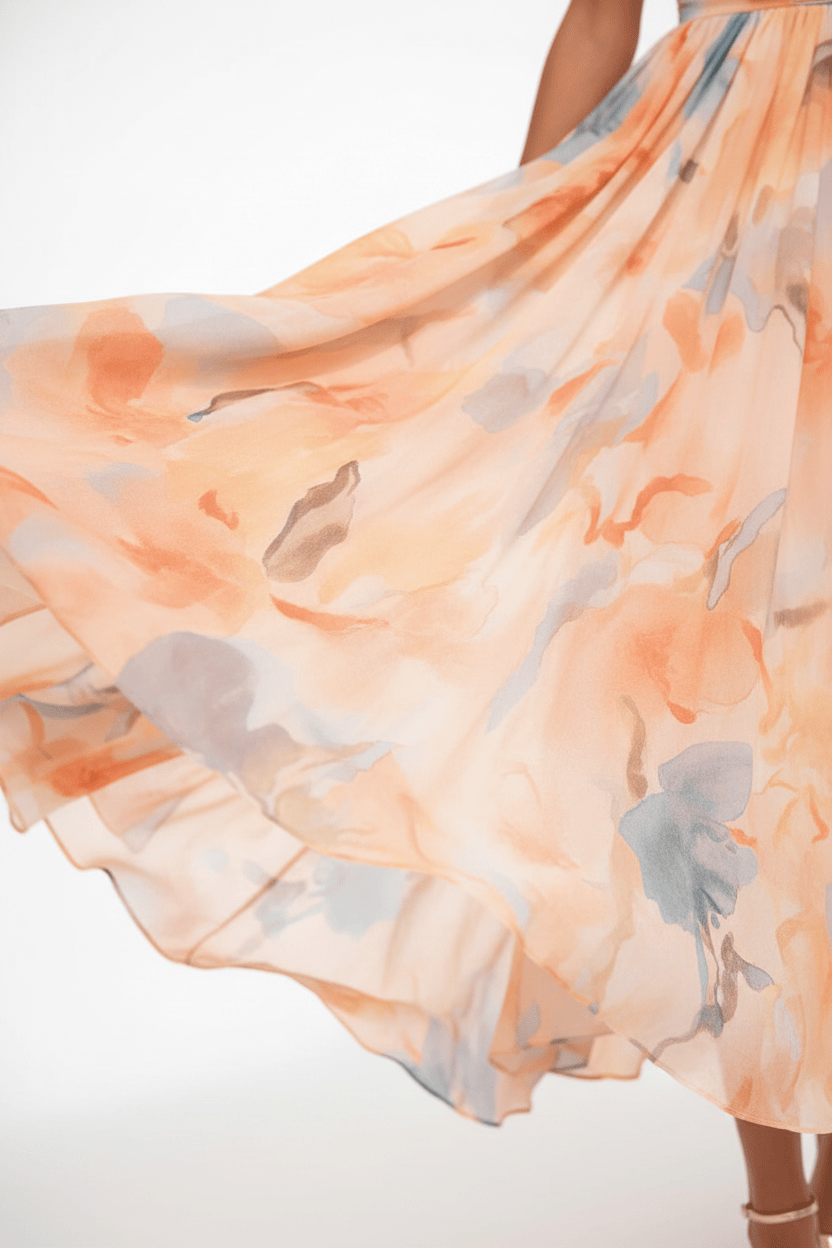 Détail du tissu léger de la robe, imprimé aquarelle pêche, bleu et gris