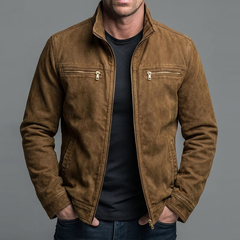 Veste vintage marron à fermeture zippée, col montant, deux poches poitrine zippées