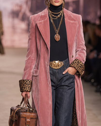 Manteau long rose poudré en tissu texturé, col revers et devant ouvert.
