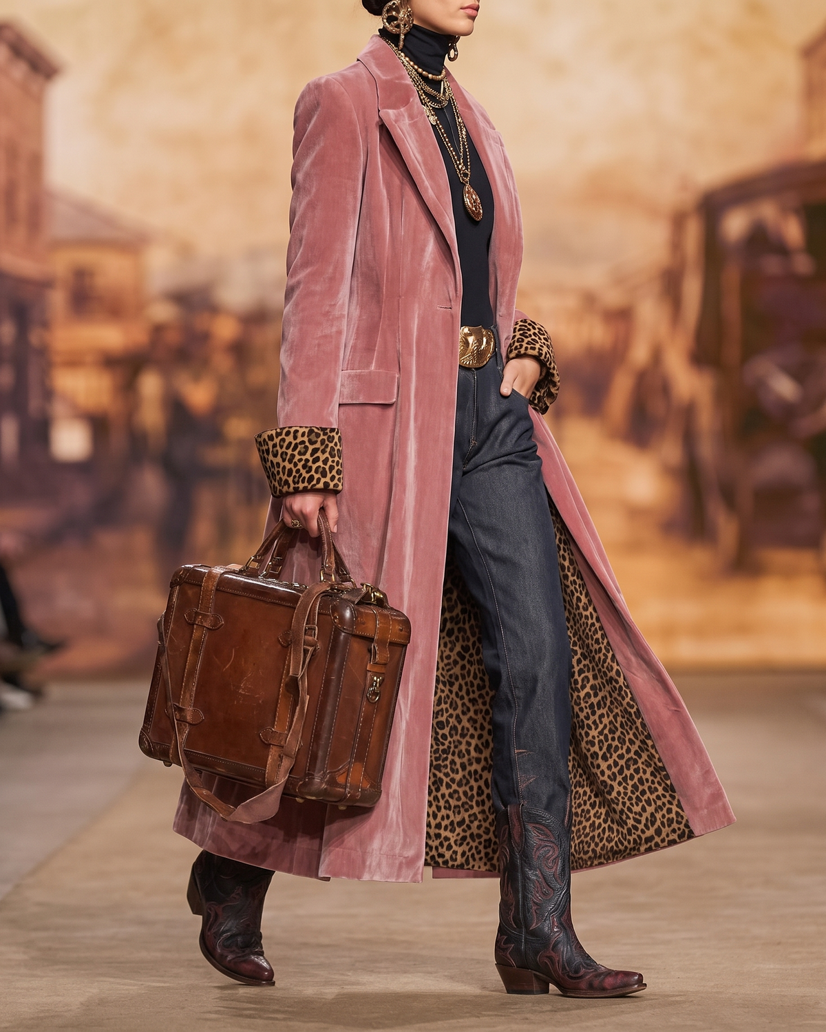 Manteau long rose poudré, porté de profil, col revers et fente au bas.