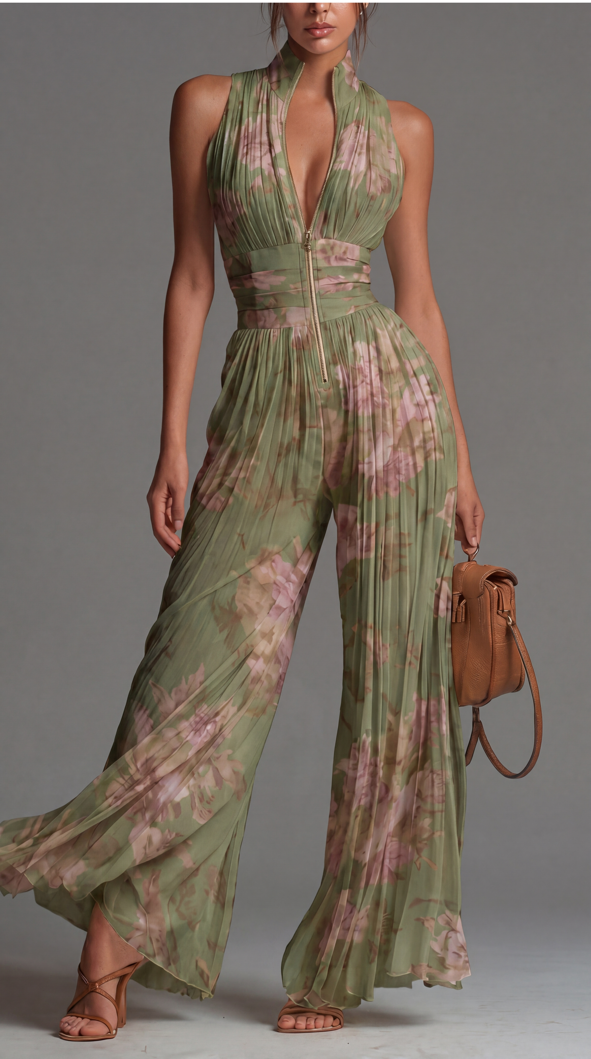 Combinaison plissée en mousseline imprimé floral vert et rose, décolleté V, pantalon évasé.