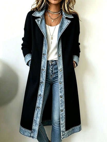 Cardigan long effet denim femme noir, col à revers denim et boutons devant.